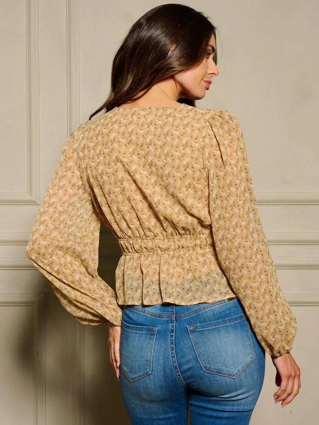 WOMEN'S LONG SLEEVE V-NECK PEPLUM FLORAL BLOUSE TOP