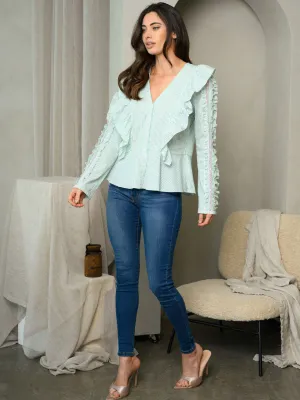 WOMEN'S LONG SLEEVE V-NECK RUFFLE TOP