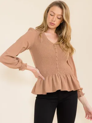 WOMEN'S LONG SLEEVE V-NECK SMOCK PEPLUM BLOUSE
