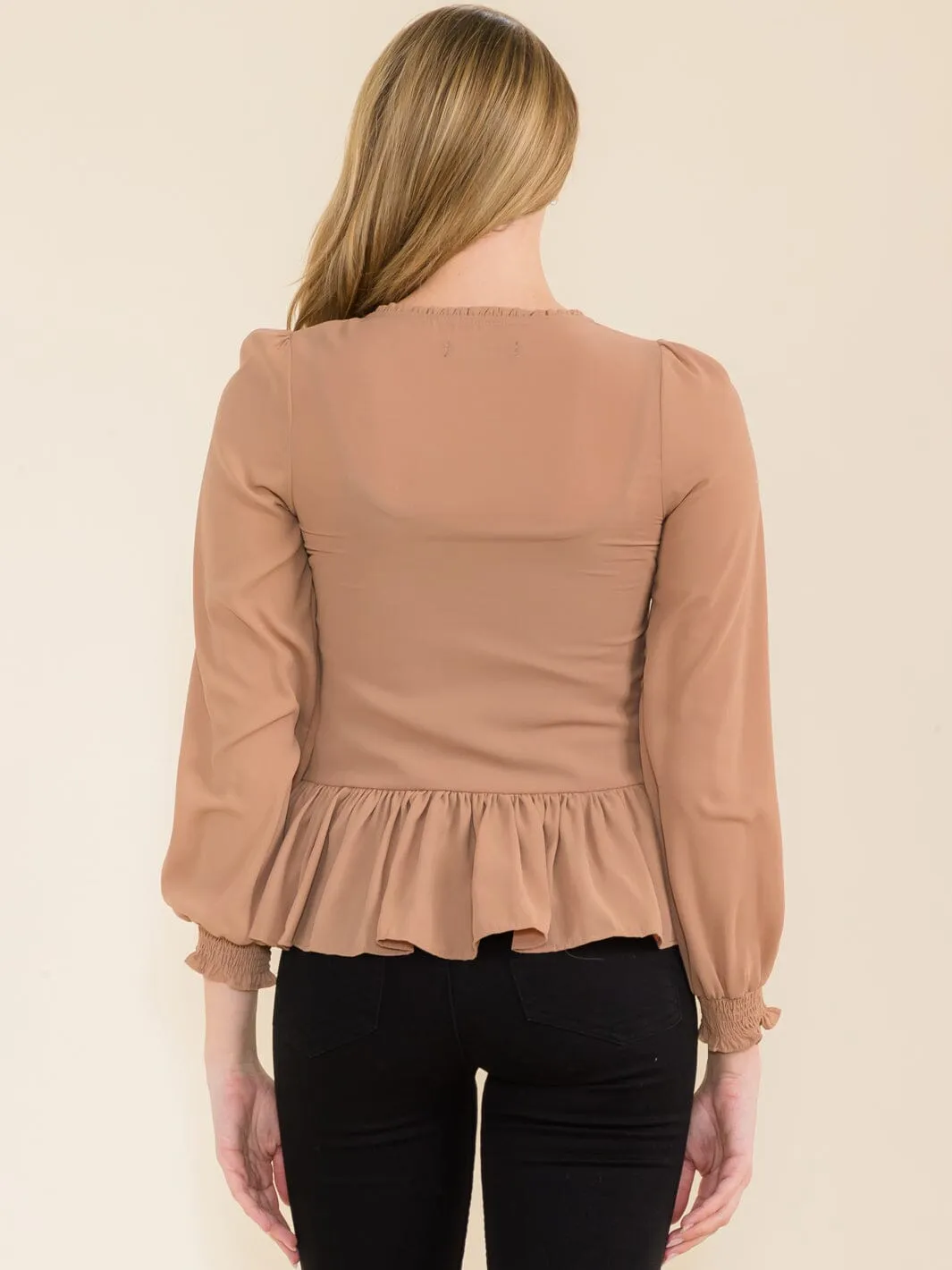 WOMEN'S LONG SLEEVE V-NECK SMOCK PEPLUM BLOUSE