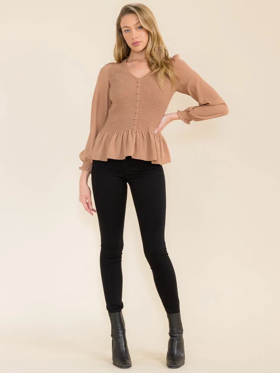 WOMEN'S LONG SLEEVE V-NECK SMOCK PEPLUM BLOUSE
