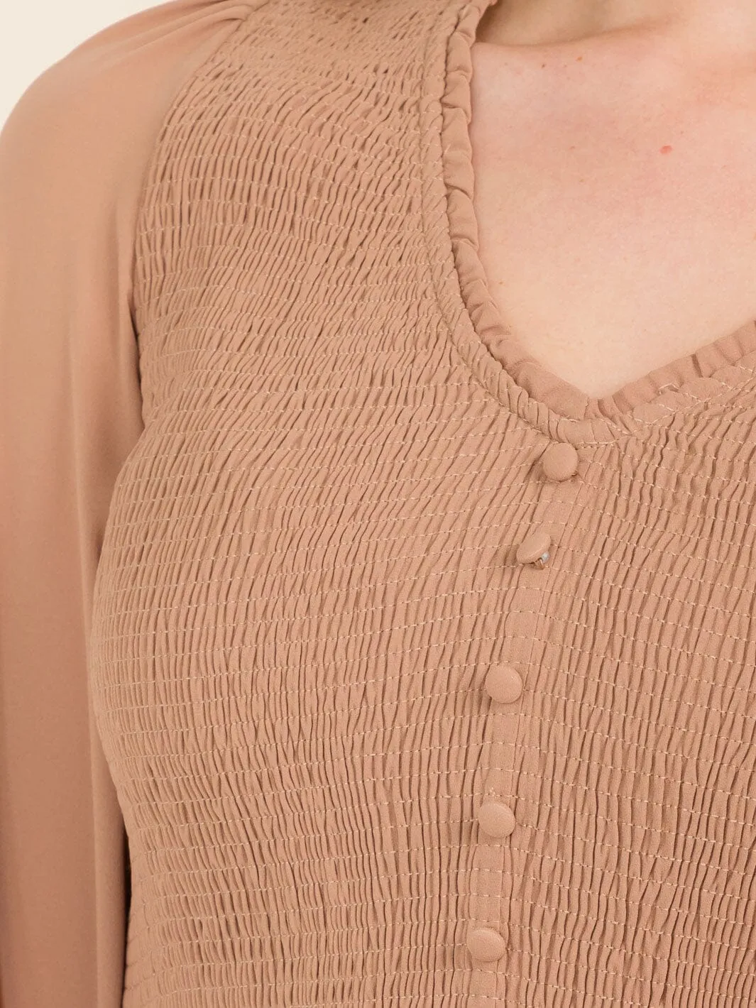 WOMEN'S LONG SLEEVE V-NECK SMOCK PEPLUM BLOUSE