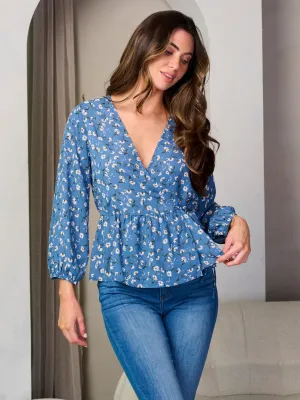 WOMEN'S LONG SLEEVE WRAP PEPLUM FLORAL BLOUSE TOP