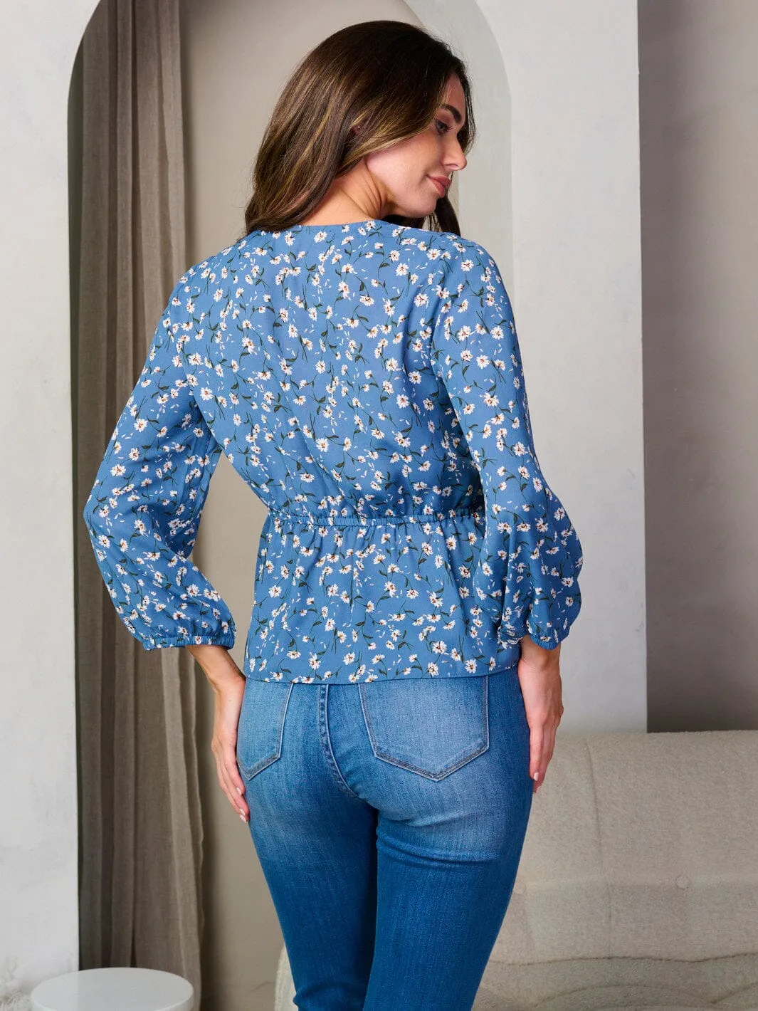 WOMEN'S LONG SLEEVE WRAP PEPLUM FLORAL BLOUSE TOP