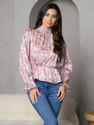 WOMEN'S MOCK NECK FLORAL PEPLUM LONG SLEEVE TOP