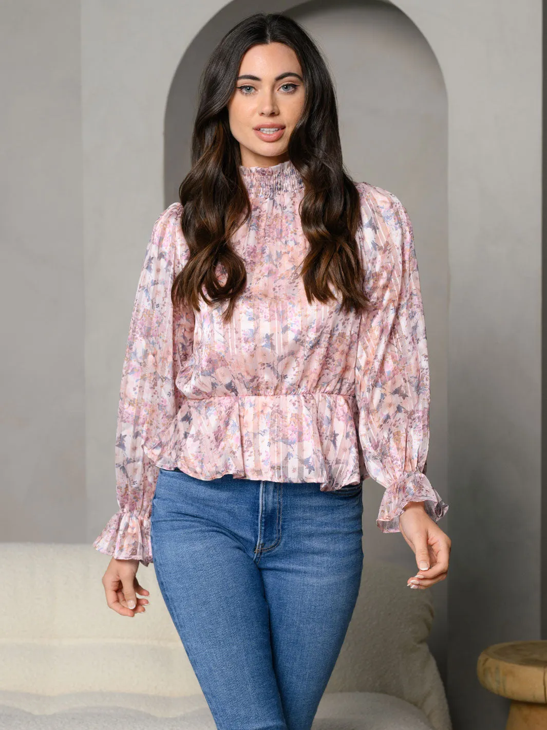 WOMEN'S MOCK NECK FLORAL PEPLUM LONG SLEEVE TOP