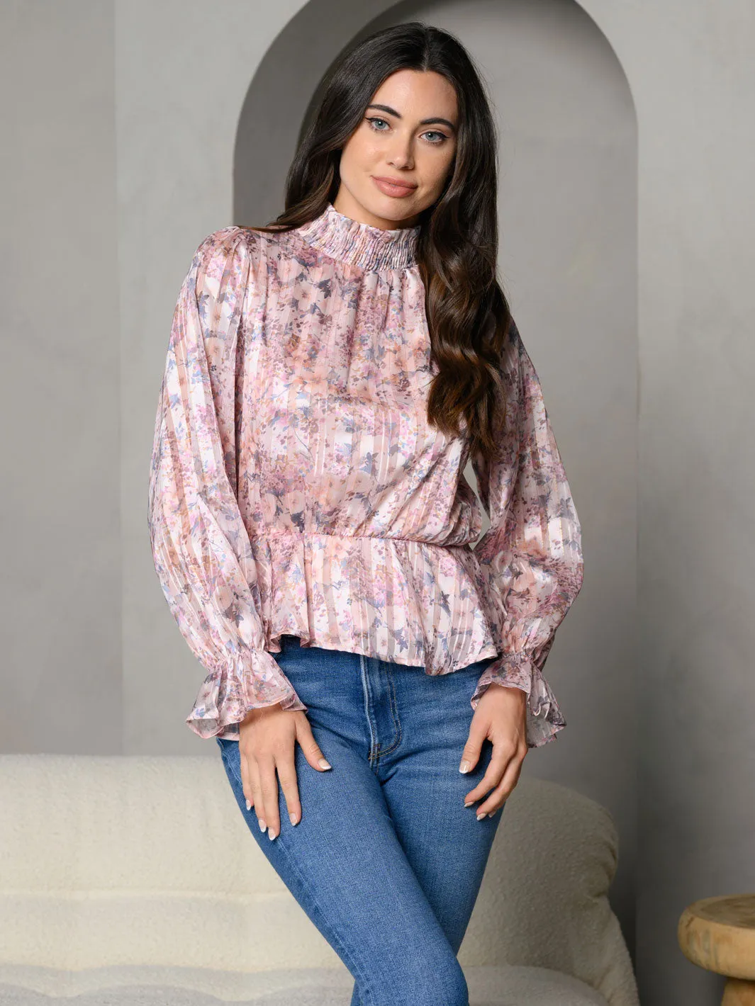 WOMEN'S MOCK NECK FLORAL PEPLUM LONG SLEEVE TOP
