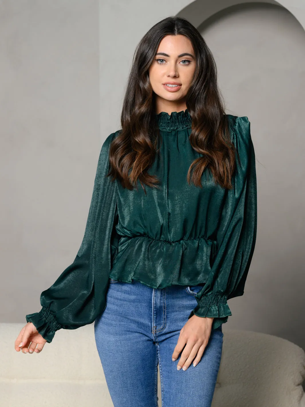 WOMEN'S MOCK NECK PEPLUM LONG SLEEVE TOP