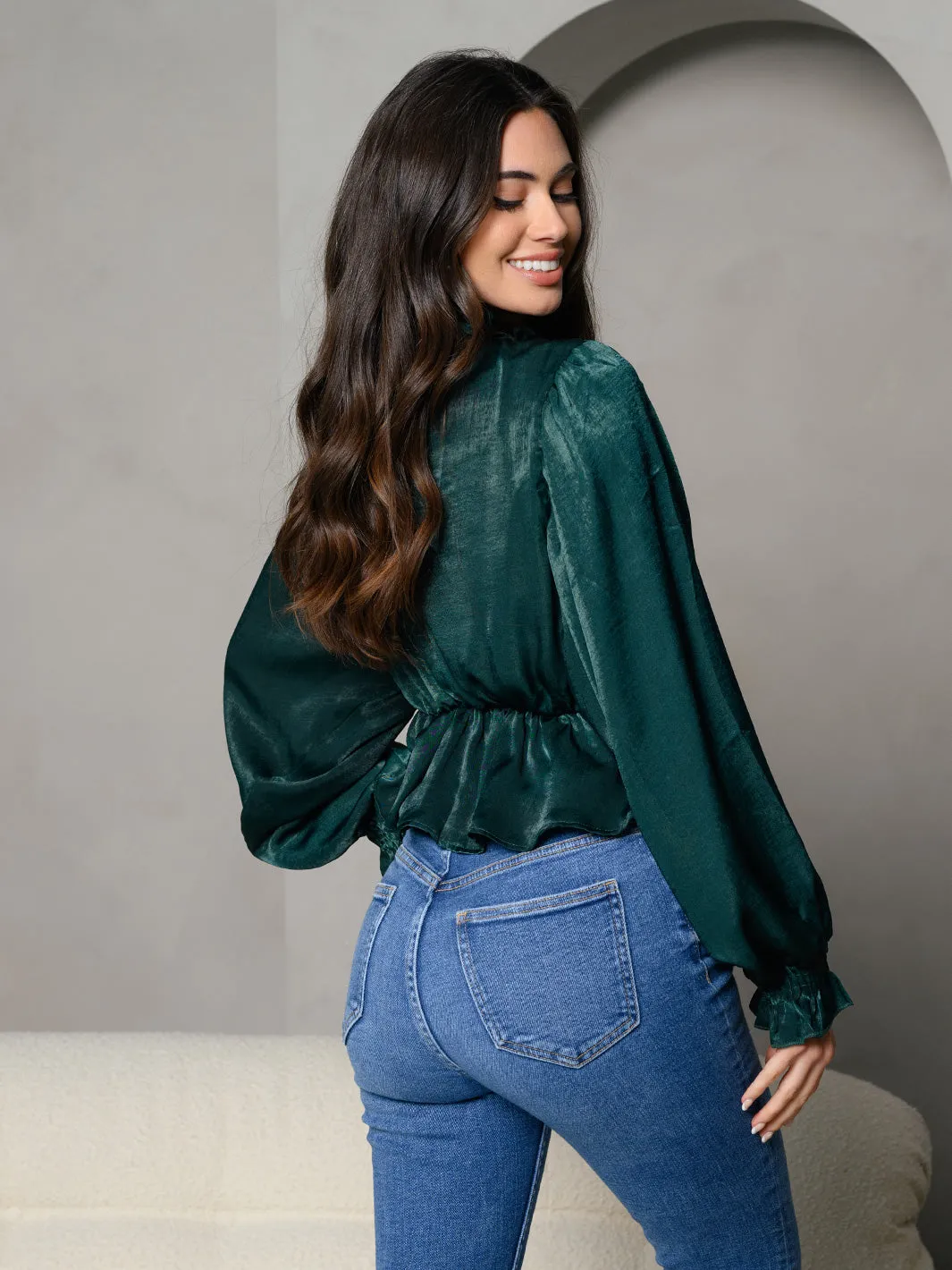 WOMEN'S MOCK NECK PEPLUM LONG SLEEVE TOP