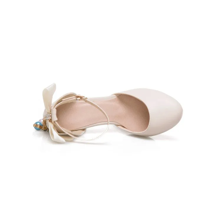 Women's Pearl Bow Tie Mary Jane High Heels Sandals