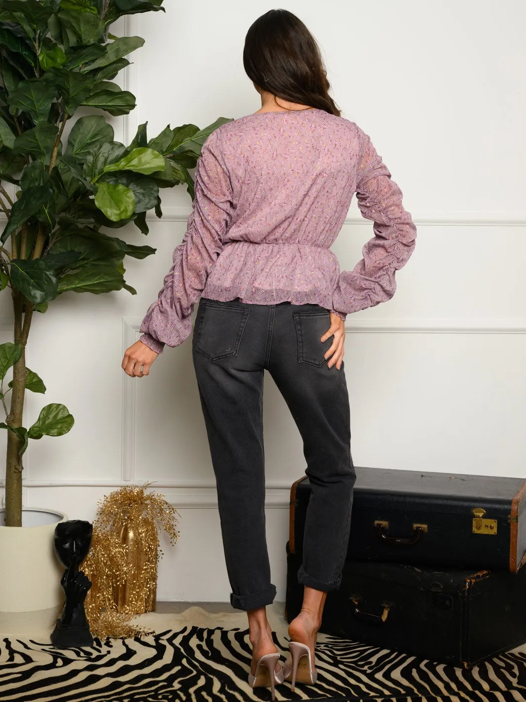 WOMEN'S RUCHED LONG SLEEVE PEPLUM TOP
