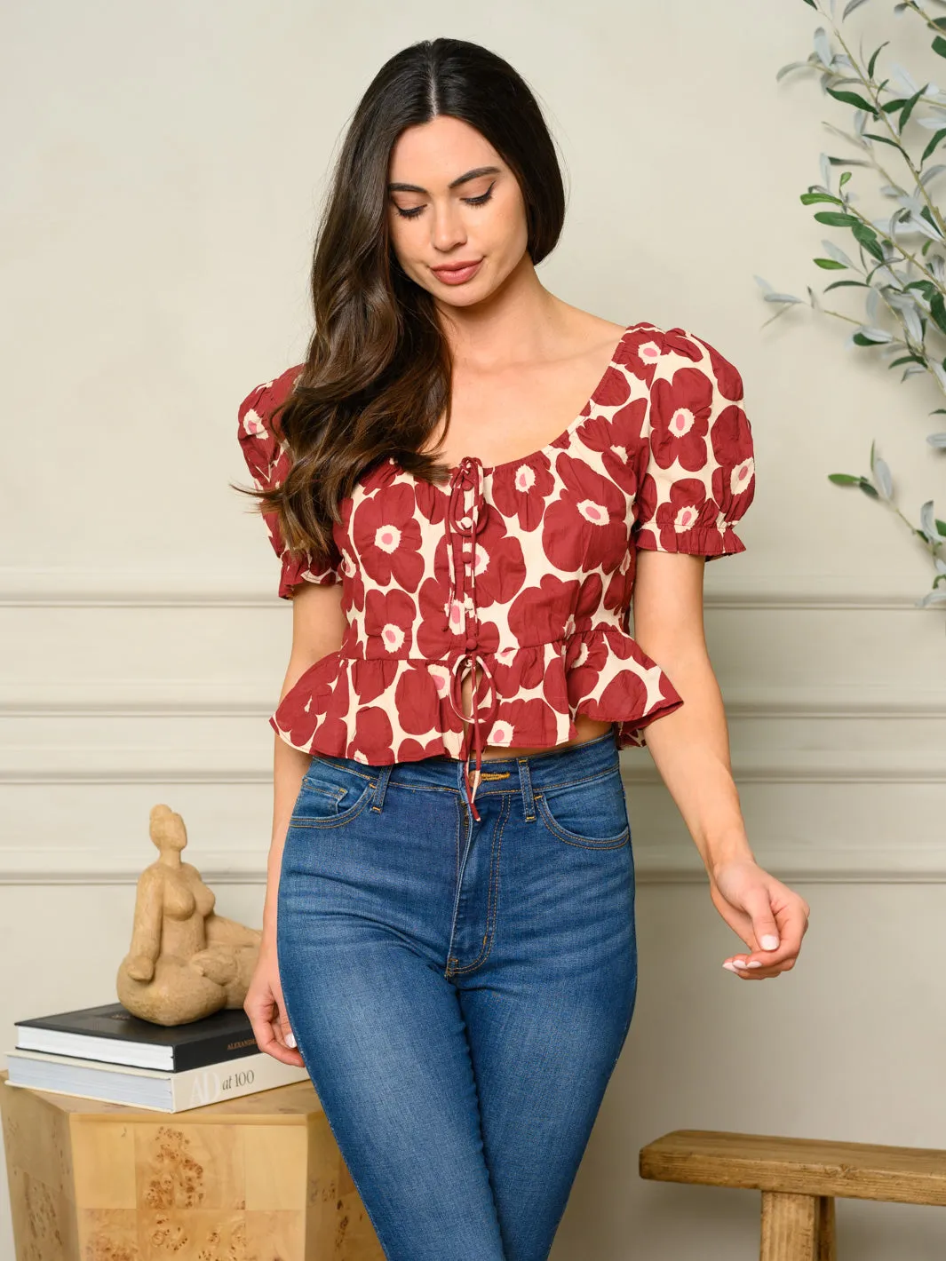 WOMEN'S SHORT PUFF SLEEVE FLORAL PEPLUM TOP