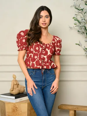 WOMEN'S SHORT PUFF SLEEVE FLORAL PEPLUM TOP
