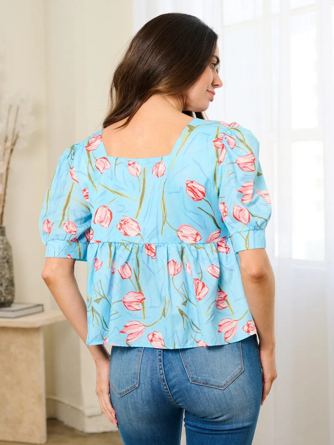 WOMEN'S SHORT PUFF SLEEVE FRONT RUCHED FLORAL BLOUSE TOP