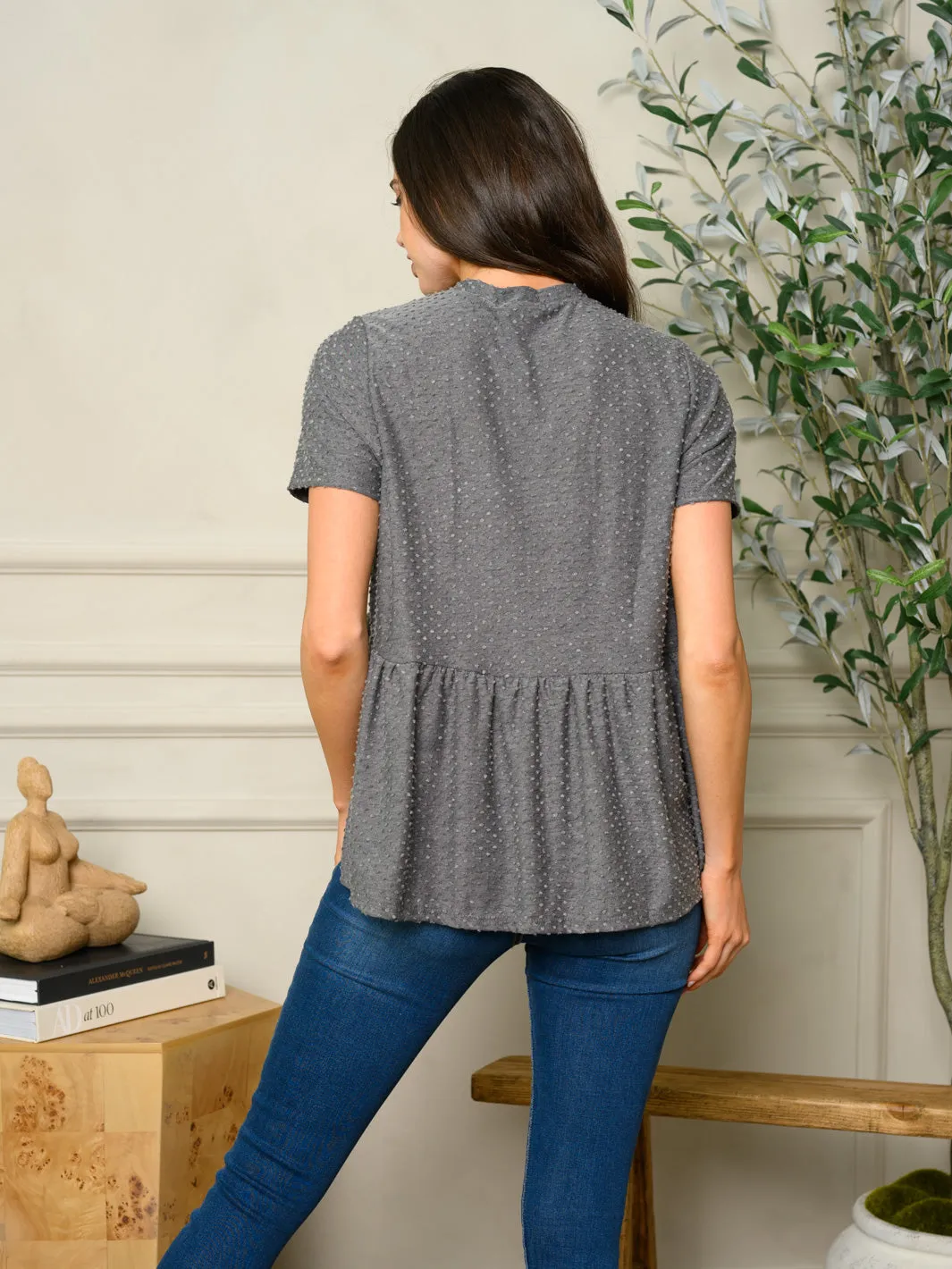 WOMEN'S SHORT SLEEVE SWISS DOT PEPLUM TOP