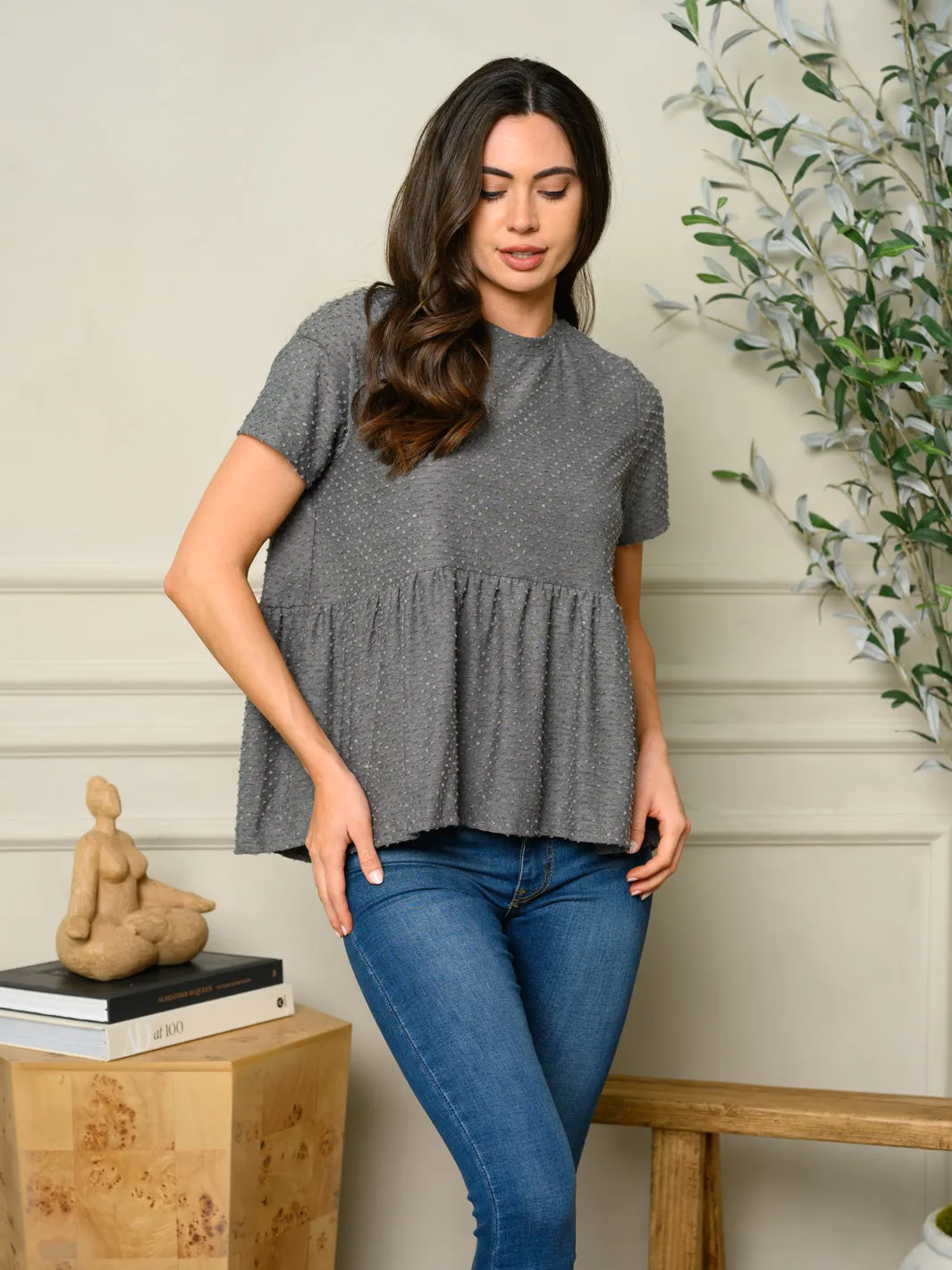 WOMEN'S SHORT SLEEVE SWISS DOT PEPLUM TOP