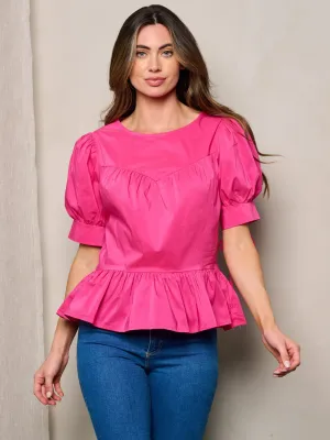 WOMEN'S SHORT SLEEVES SOLID PEPLUM TOP