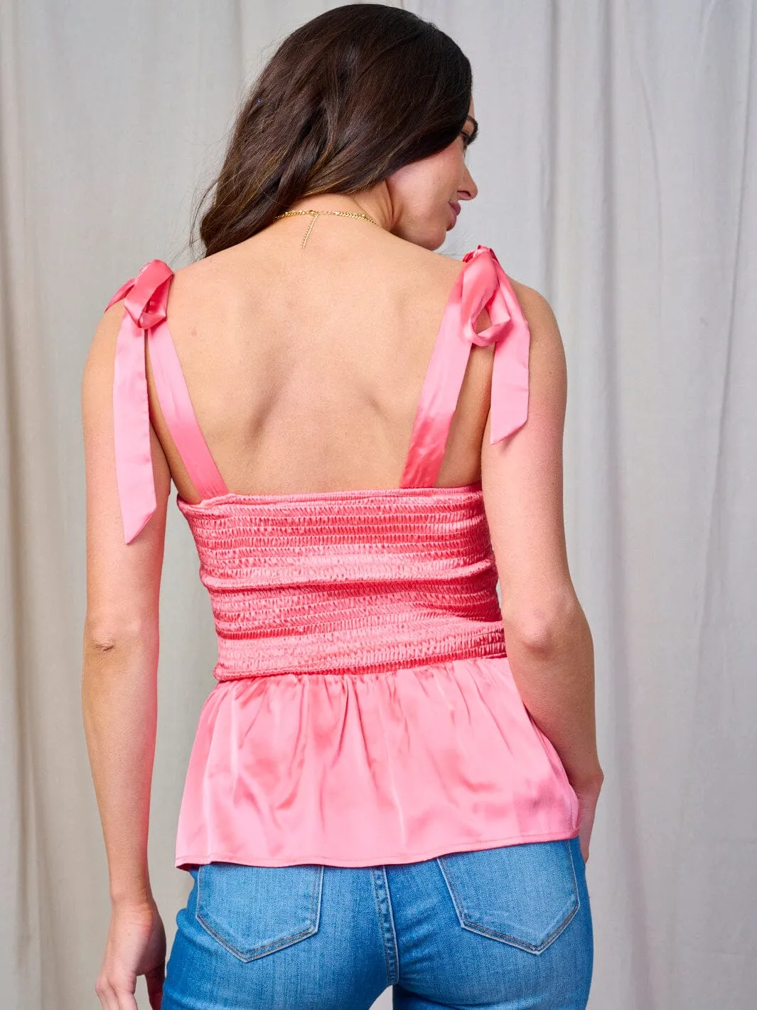WOMEN'S SLEEVELESS SMOCK PEPLUM SATIN TANK TOP