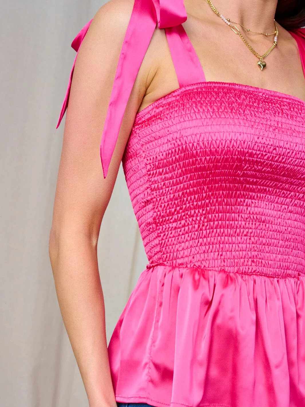 WOMEN'S SLEEVELESS SMOCK PEPLUM SATIN TANK TOP