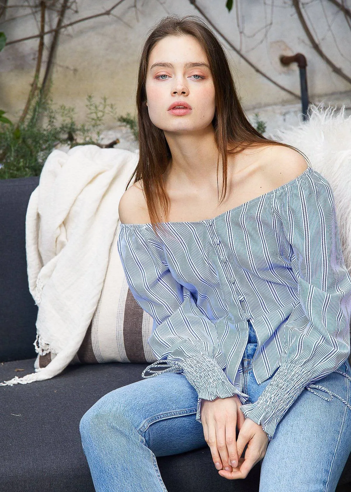 Women's Smocked Cuff Button Front Peplum Blouse in Blue