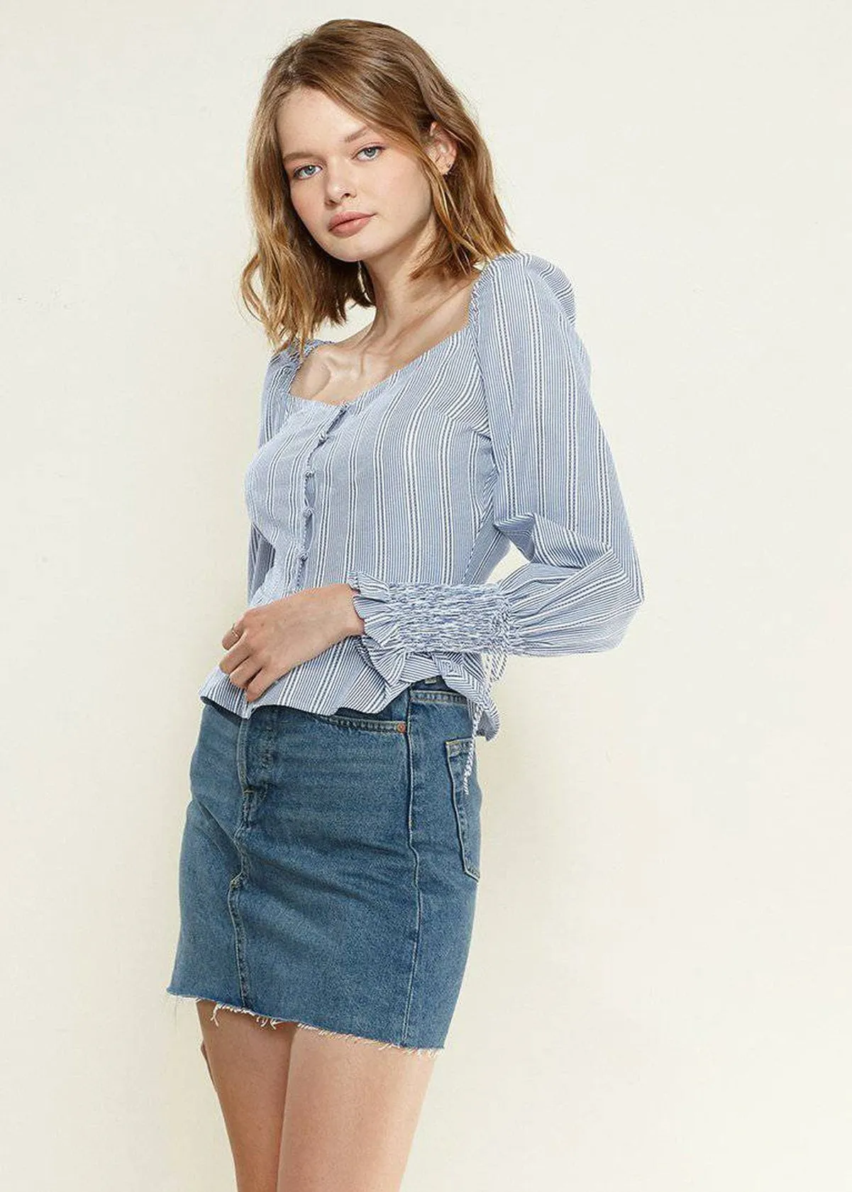 Women's Smocked Cuff Button Front Peplum Blouse in Blue