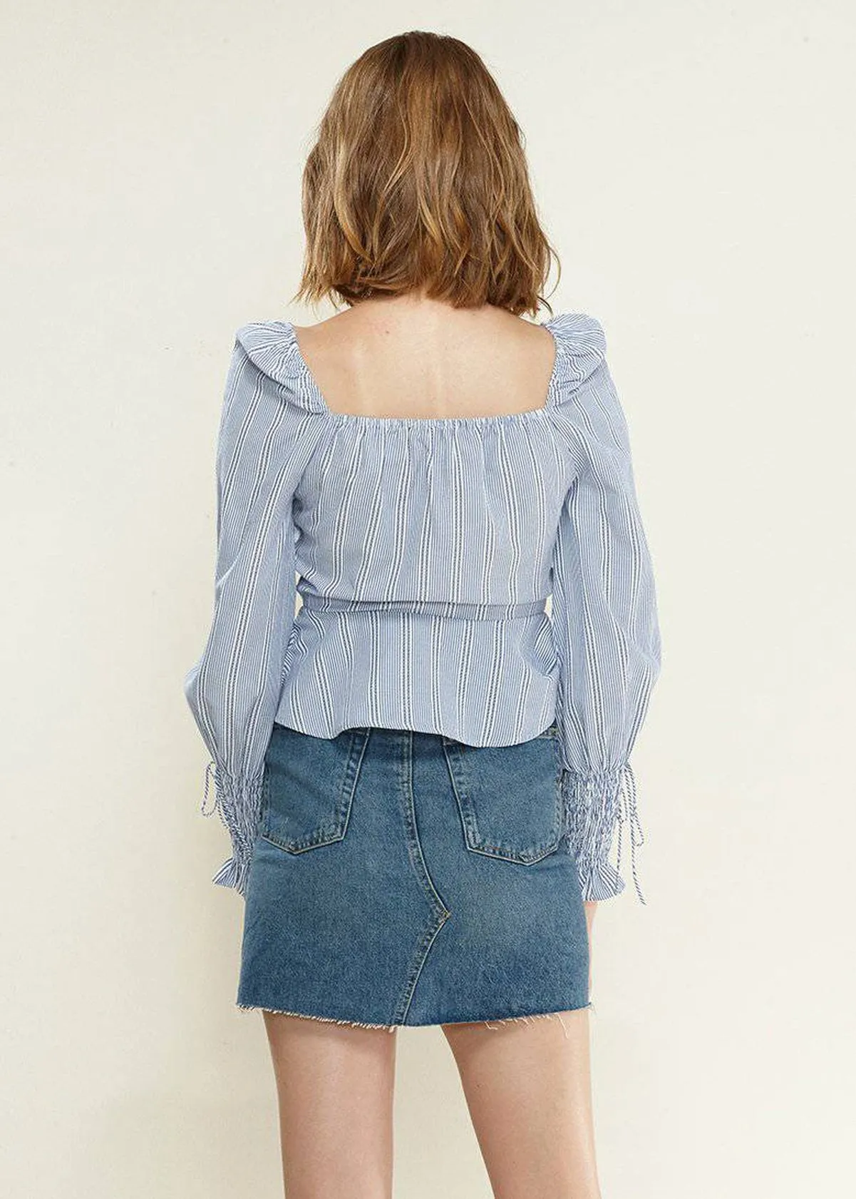 Women's Smocked Cuff Button Front Peplum Blouse in Blue