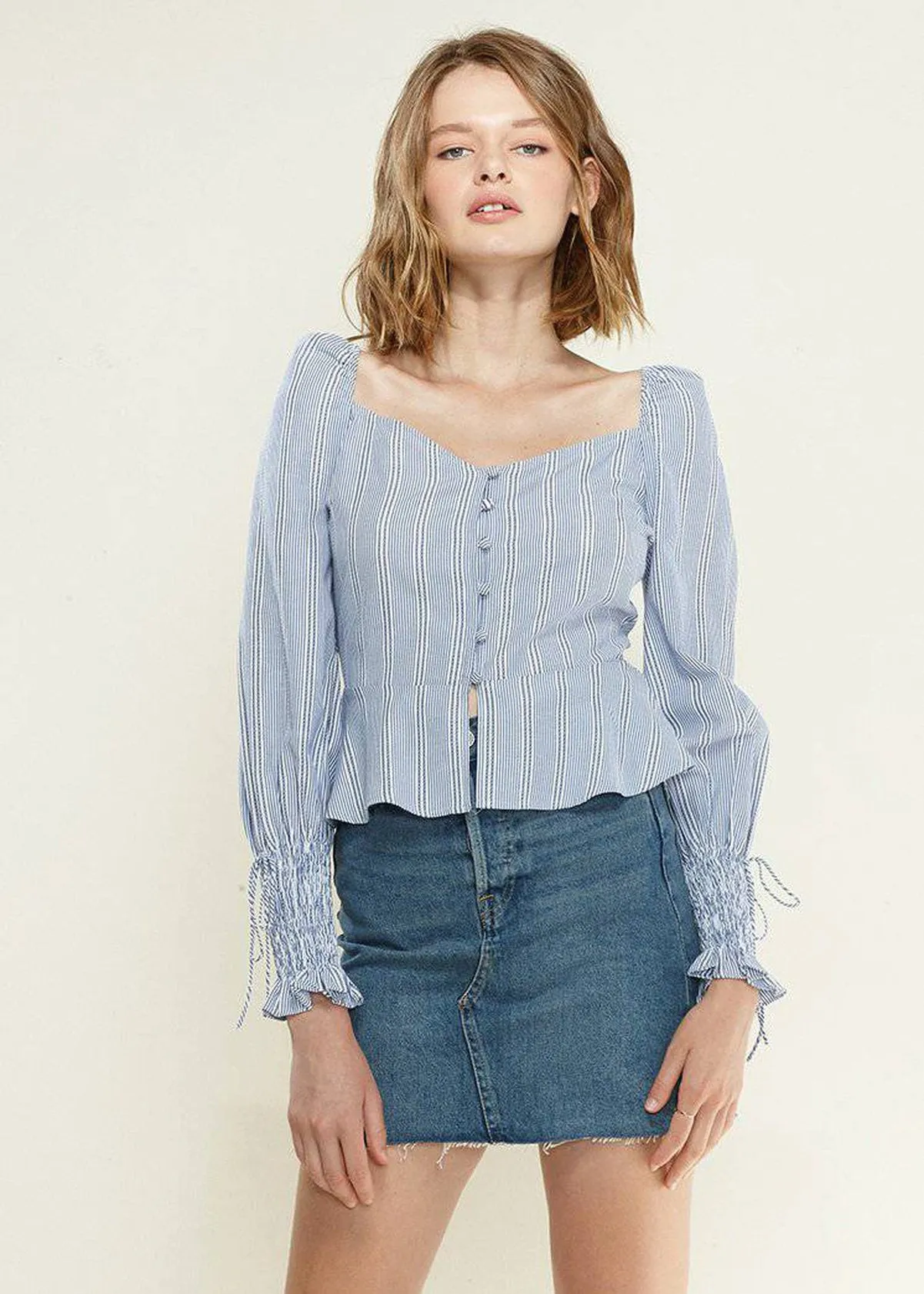 Women's Smocked Cuff Button Front Peplum Blouse in Blue