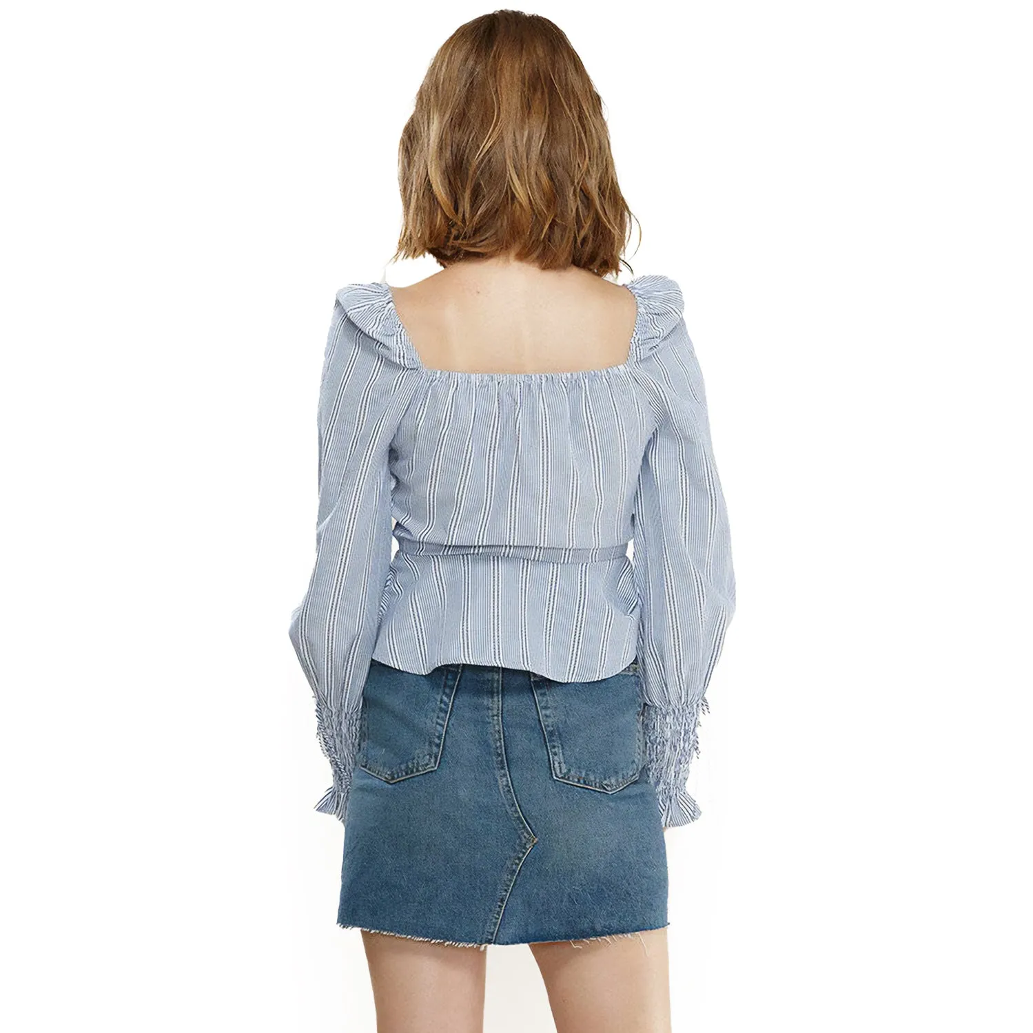 Women's Smocked Cuff Button Front Peplum Blouse in Blue
