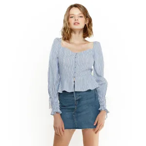 Women's Smocked Cuff Button Front Peplum Blouse in Blue