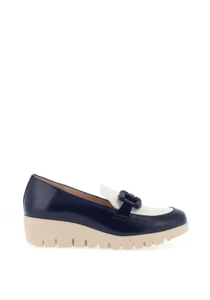 Wonders Patent Buckle Wedge Loafers, Navy and White