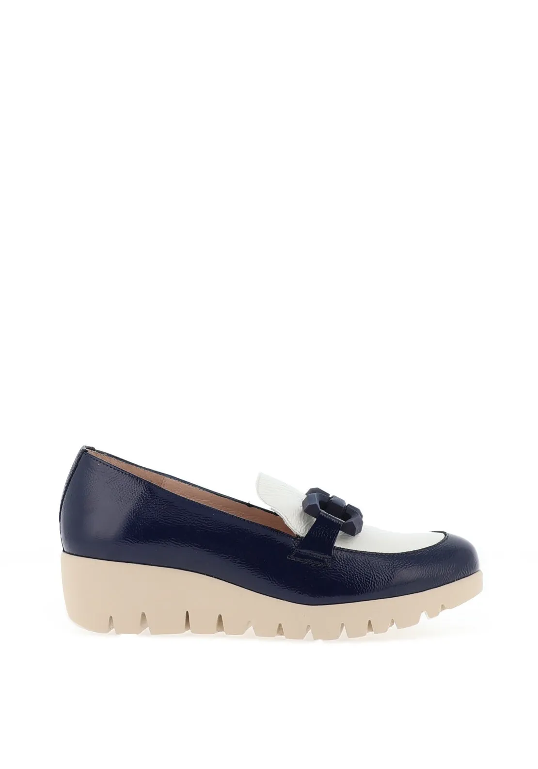 Wonders Patent Buckle Wedge Loafers, Navy and White