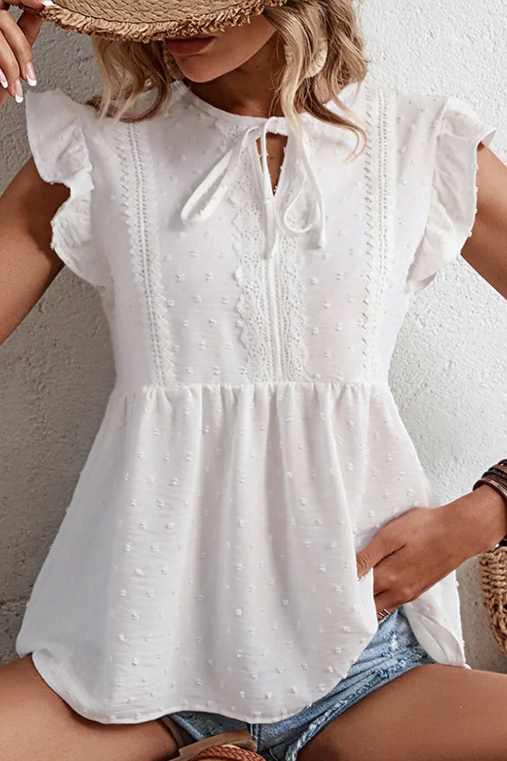 Wren Swiss Dot Tie-Neck Flutter Sleeve Peplum Blouse