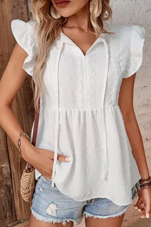 Wren Swiss Dot Tie-Neck Flutter Sleeve Peplum Blouse