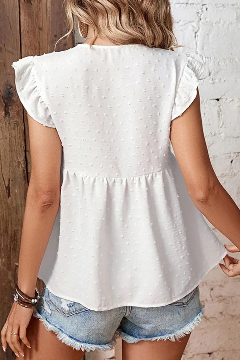 Wren Swiss Dot Tie-Neck Flutter Sleeve Peplum Blouse