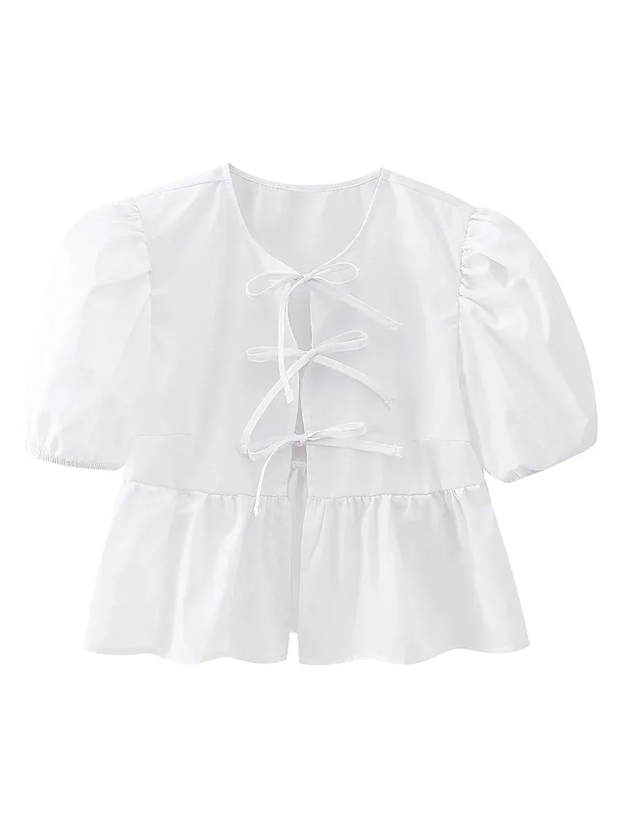 wsevypo Chic Summer Babydoll Shirts Solid/Stripe Short Women's Puff Sleeve Round Neck Tie-Up Front Peplum Blouses Top for Street