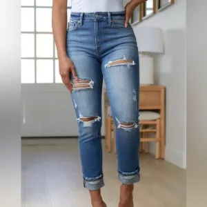 Zenana New Medium Wash Mom Jeans - Distressed, Loose Fit - Size 24