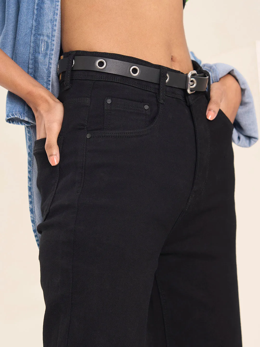 ZOLA Exclusive Denim High Waist Clean Look Stretchable Black Straight Jeans For Women